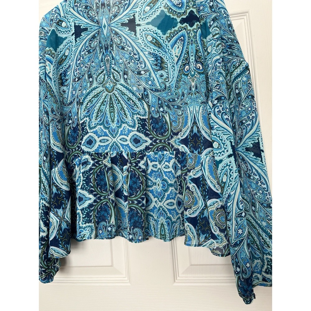 Belle Sky Sheer Ruffle Blouse Turquoise Paisley Womens M Whimsy Boho - Picture 8 of 9